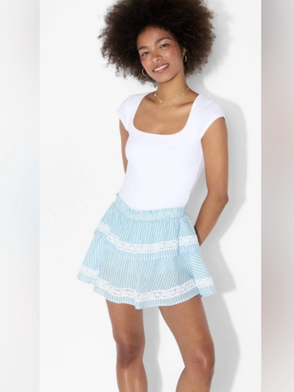 Blue & White Striped Ruffle Skirt with Lace Trim - Picture 1 of 5
